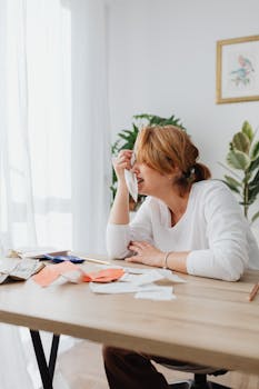 A woman sits at a desk, looking worried with receipts scattered around. Perfect for financial stress themes.