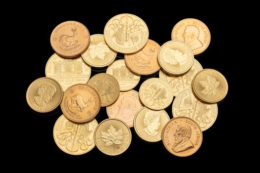 Assorted gold coins showcasing different currencies and designs isolated on a black background.